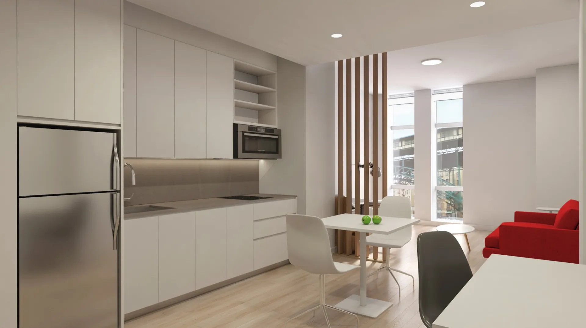 Rendering of student studio apartment, showing wall kitchen, living area and sleeping alcove