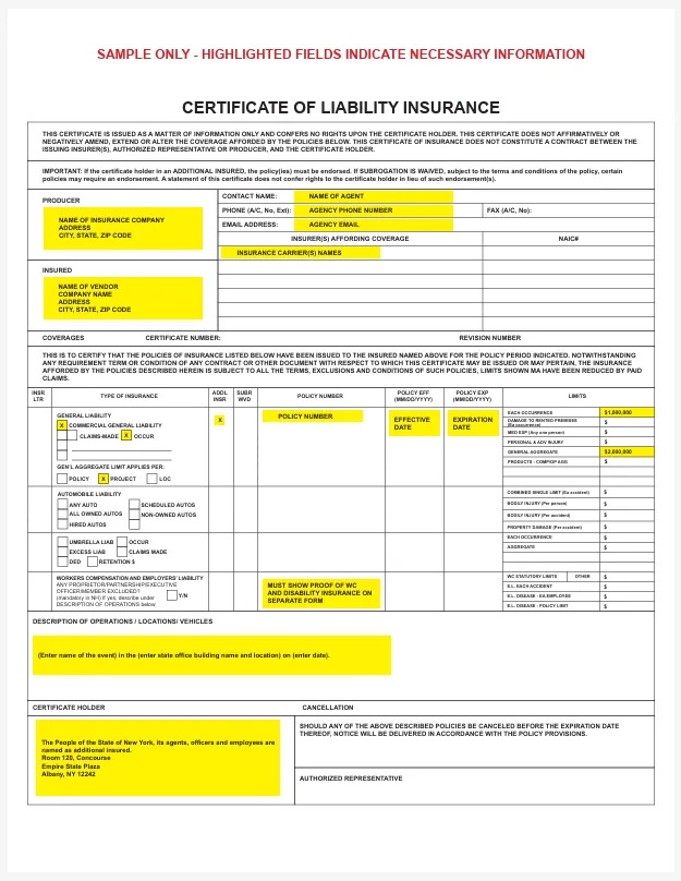 Certificate of Liability Insurance image sample from NY Gov Website