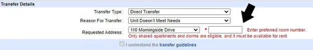 Columbia Residential Housing Portal Direct Transfer Application