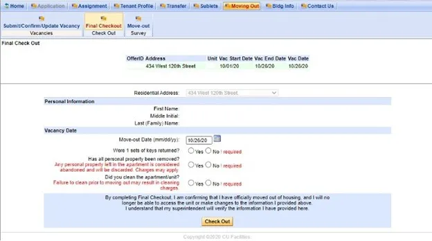 Columbia Residential Housing Portal Final Check-out Page