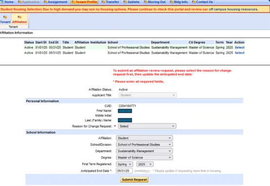 Columbia Residential housing portal affiliation review tab.