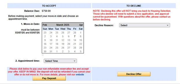Columbia Residential Housing Portal offer acceptance page