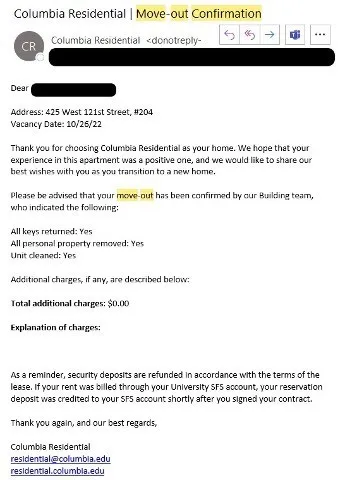 Sample Move Out Confirmation Email