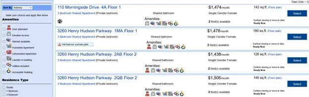 Columbia Residential Housing Selection inventory details