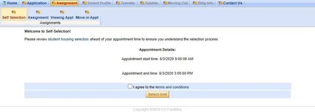 Columbia Residential Housing Portal Self-Selection Appointment Details