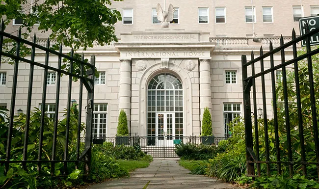 Facade of International House viewed through Sakura Park