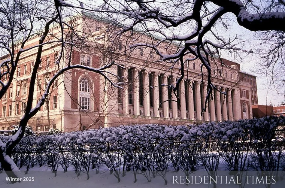 Photo of Butler Library with snow-covered lawn and trees in the foreground, with Residential Times Winter 2025 written at the bottom.