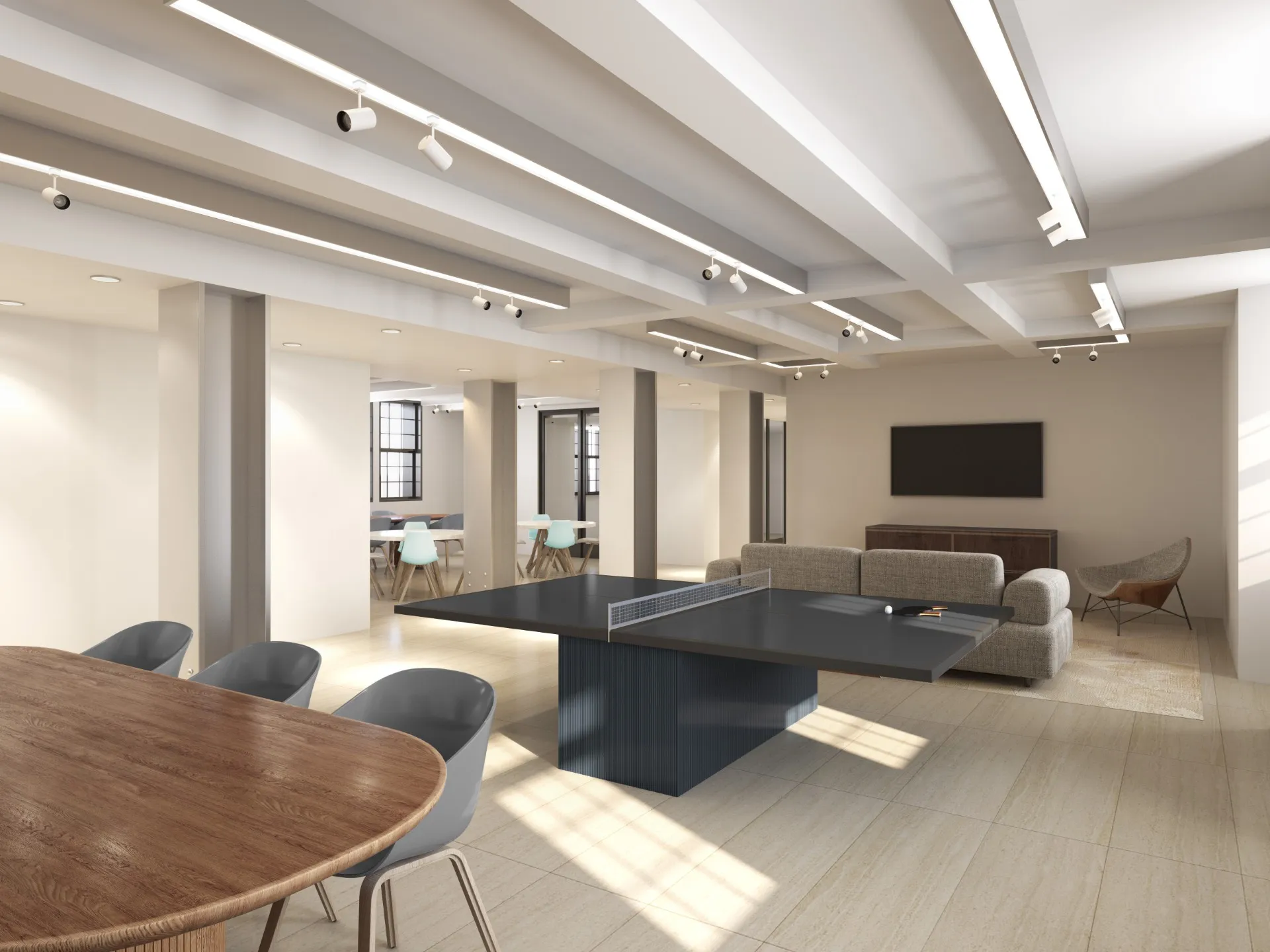 Rendering of ground floor lounge at 99 Claremont, including ping pong table and TV